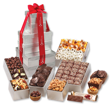 Tower of Luxury Chocolate, Nuts, Popcorn Variety Gift Set - 7.375" L x 7.375" W x 13.375" H